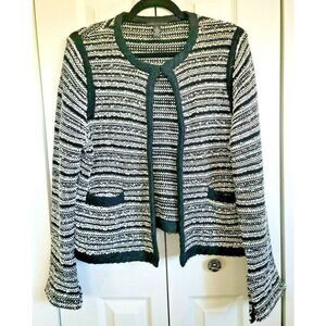 Chico's Black Label Cardigan Cable Knit Size 2 (12/14‎ L) Blk/Wht/Gold Striped